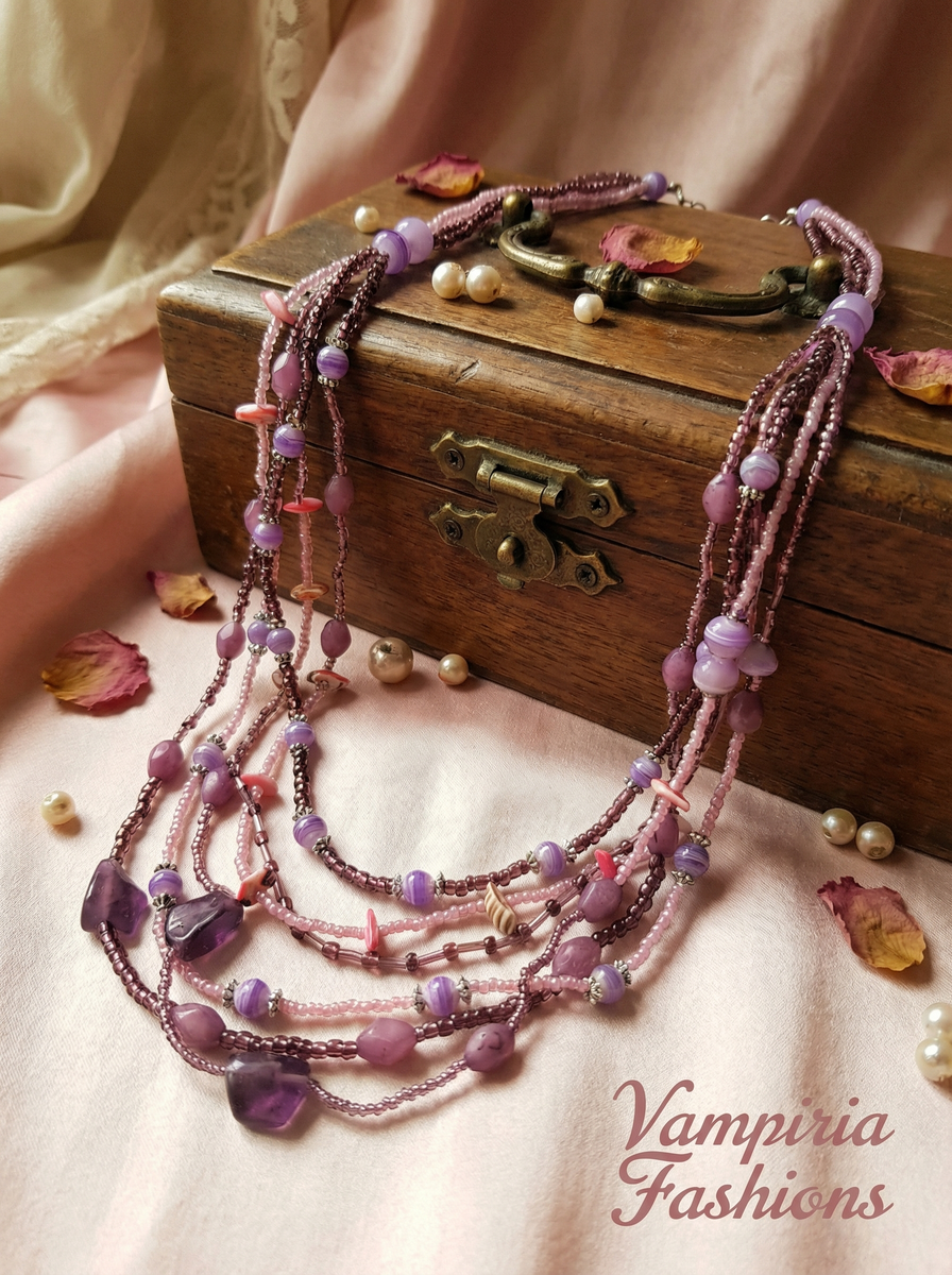 Mehrreihige rosa-lila Perlenkette mit lila Stein-Elementen über einer Holzschatulle auf rosafarbenem Stoff mit verstreuten Perlen und Rosenblättern; unten rechts Schriftzug „Vampiria Fashions“.