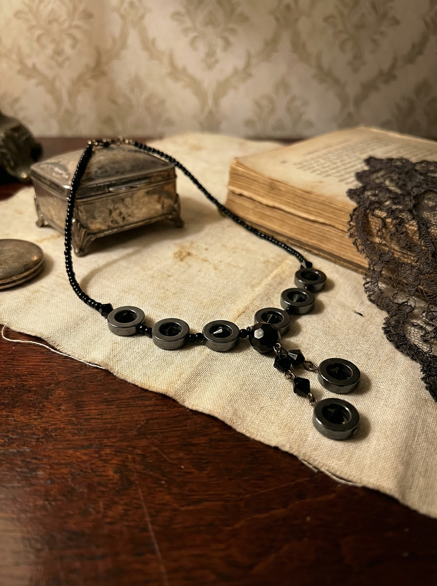 Schwarzes Y-Collier mit Hämatit-Ringen und hängenden Elementen auf hellem Stoff neben altem Buch, Spitzenstoff und kleiner Metallbox.