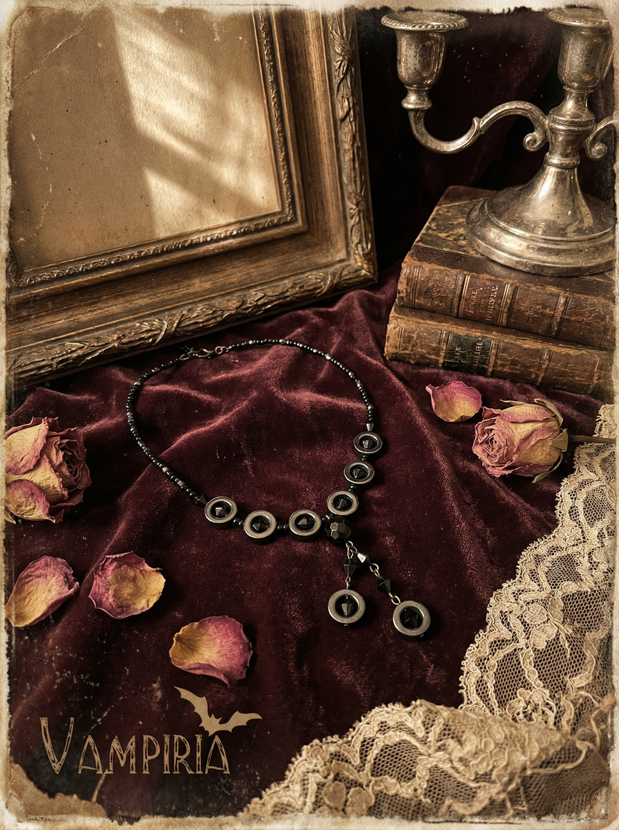 Schwarzes Y-Collier mit Hämatit-Ringen auf dunkelrotem Samt zwischen Bilderrahmen, Kerzenständer, alten Büchern, Rosenblättern und Spitze; unten links Schriftzug „Vampiria“.