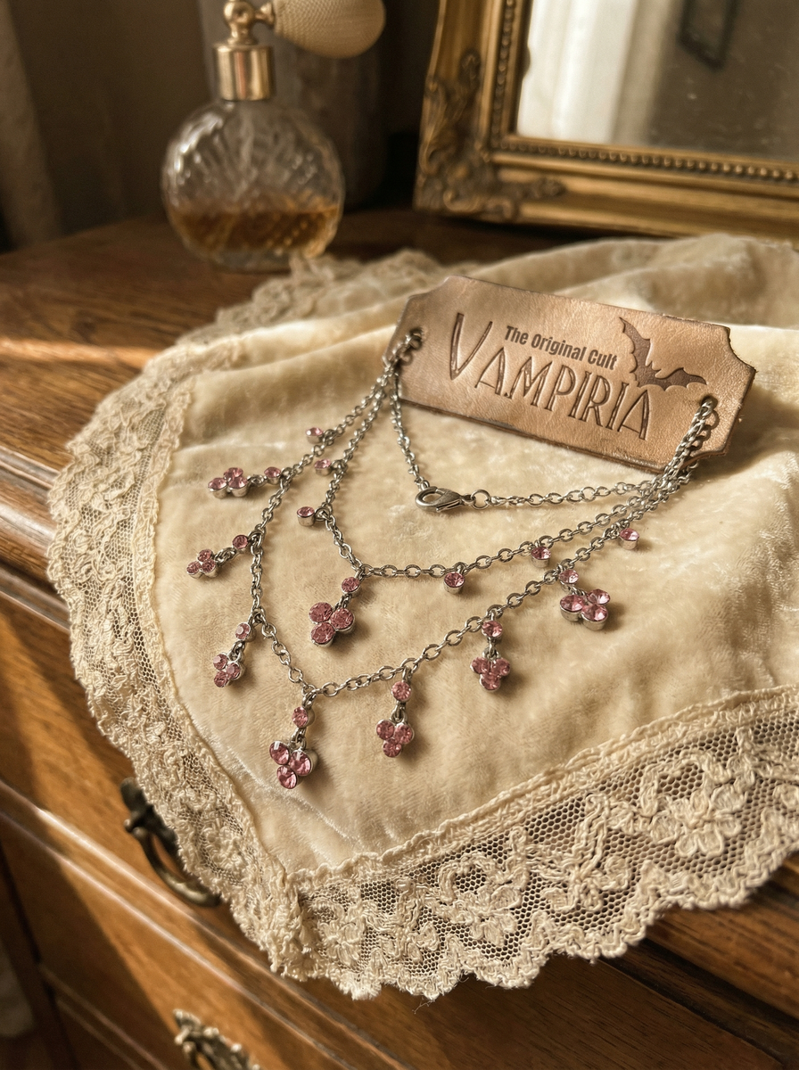 Pink Crystal Collier mit silberfarbener Kette und mehreren rosa Kristallanhängern auf beigem Stoff mit Vampiria-Schild.