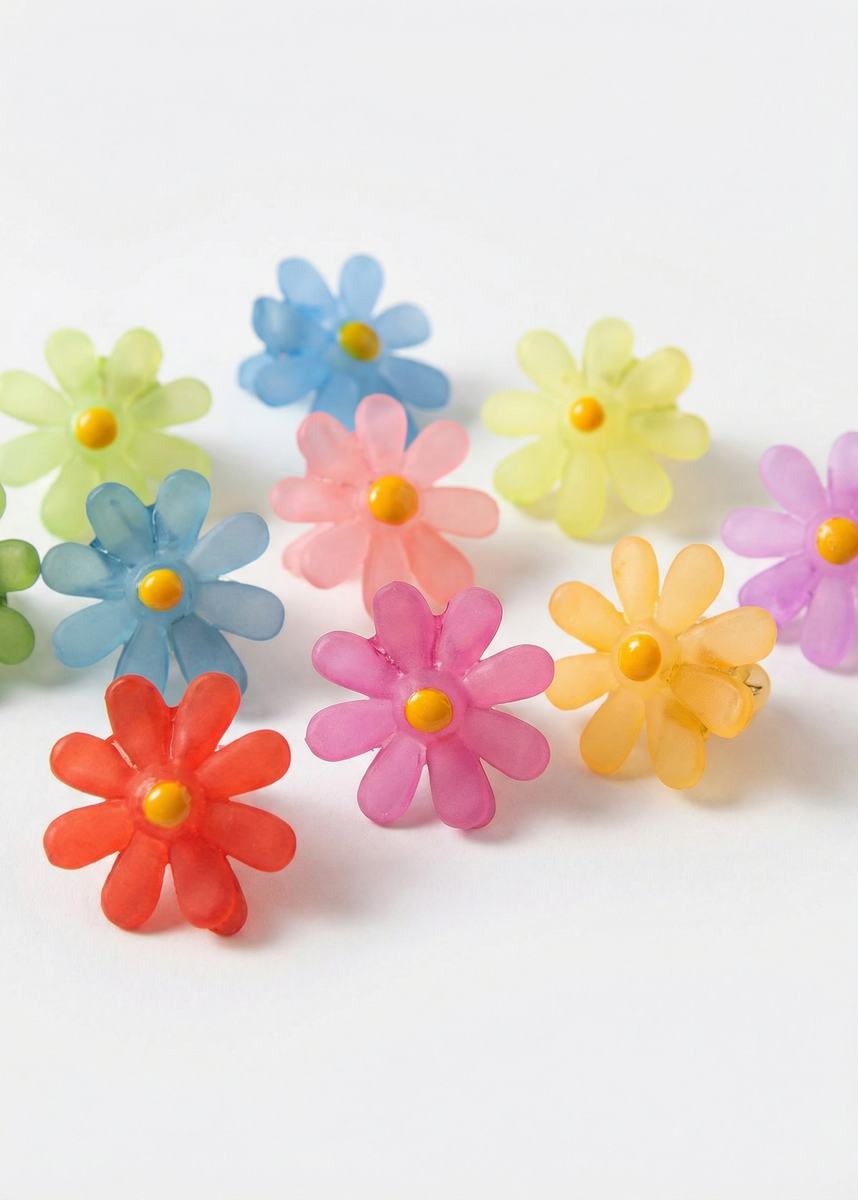 Zehn mini Blumen-Haarklammern in gemischten Farben auf weißem Hintergrund, darunter Rot, Pink, Blau, Grün, Gelb und Lila.