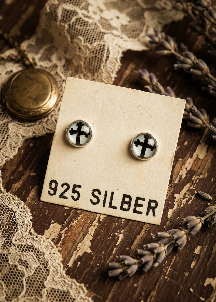 Ohrstecker mit schwarzem Kreuz-Motiv aus 925 Silber auf Vintage-Holzuntergrund.