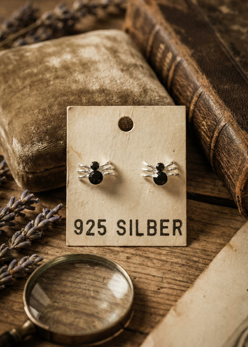 Kleine Spinnen-Ohrstecker aus 925 Silber auf Schmuckkarte vor rustikalem Hintergrund.