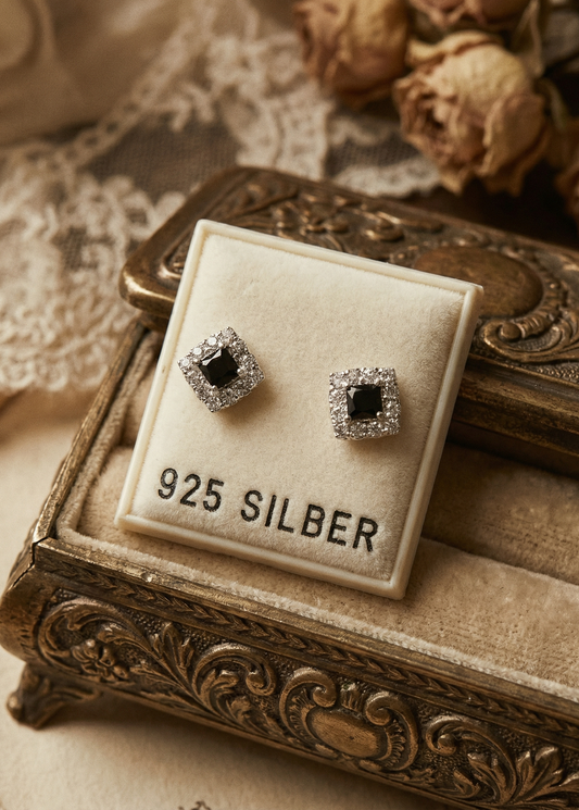 Zwei quadratische Mini Ohrstecker mit schwarzem Kristall und silberfarbenem Kristallrahmen auf einem Display mit Aufschrift „925 SILBER“ in verzierter Schatulle.