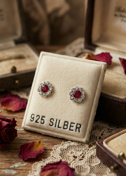 Zwei kleine silberfarbene Ohrstecker mit rotem Mittelstein und klarem, blütenförmigem Steinrand auf einem Display mit Aufschrift „925 SILBER“.