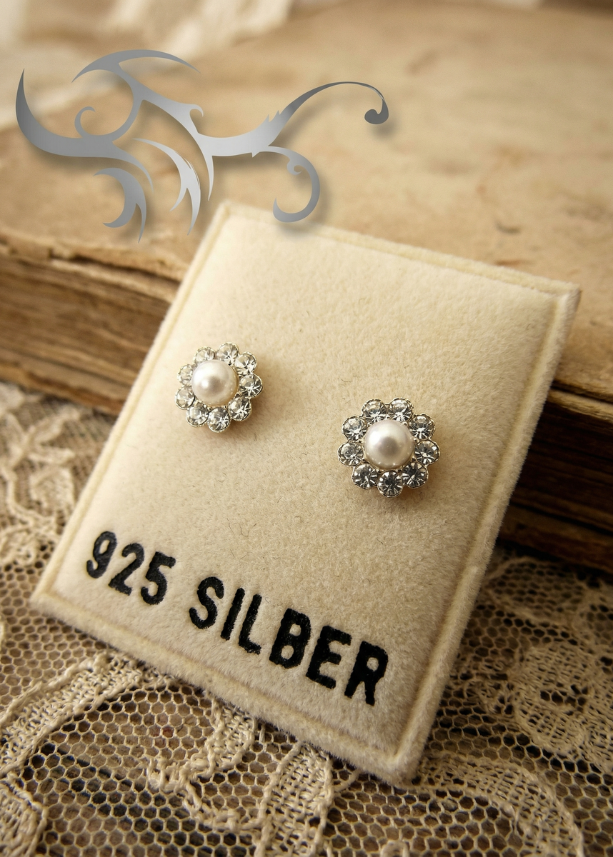 Zwei kleine Blumen-Ohrstecker mit weißer Perle in der Mitte und klaren Steinen auf einer Karte mit Aufschrift „925 SILBER“, auf Spitze und Holzuntergrund.