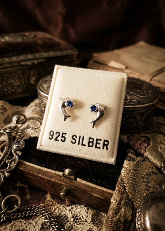 Mini Ohrstecker Delphin mit blauen Kristall Silber