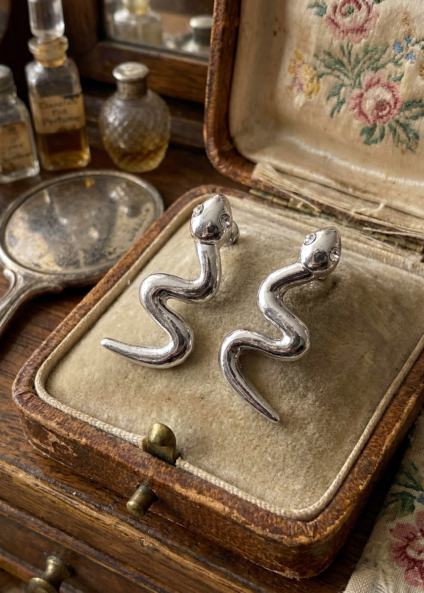 Silberfarbene Schlangen-Ohrstecker mit geschwungener Form und kleinen klaren Steinen im Schlangenkopf in einer geöffneten vintage Schmuckschatulle auf Holztisch mit Spiegel und Parfümfläschchen.