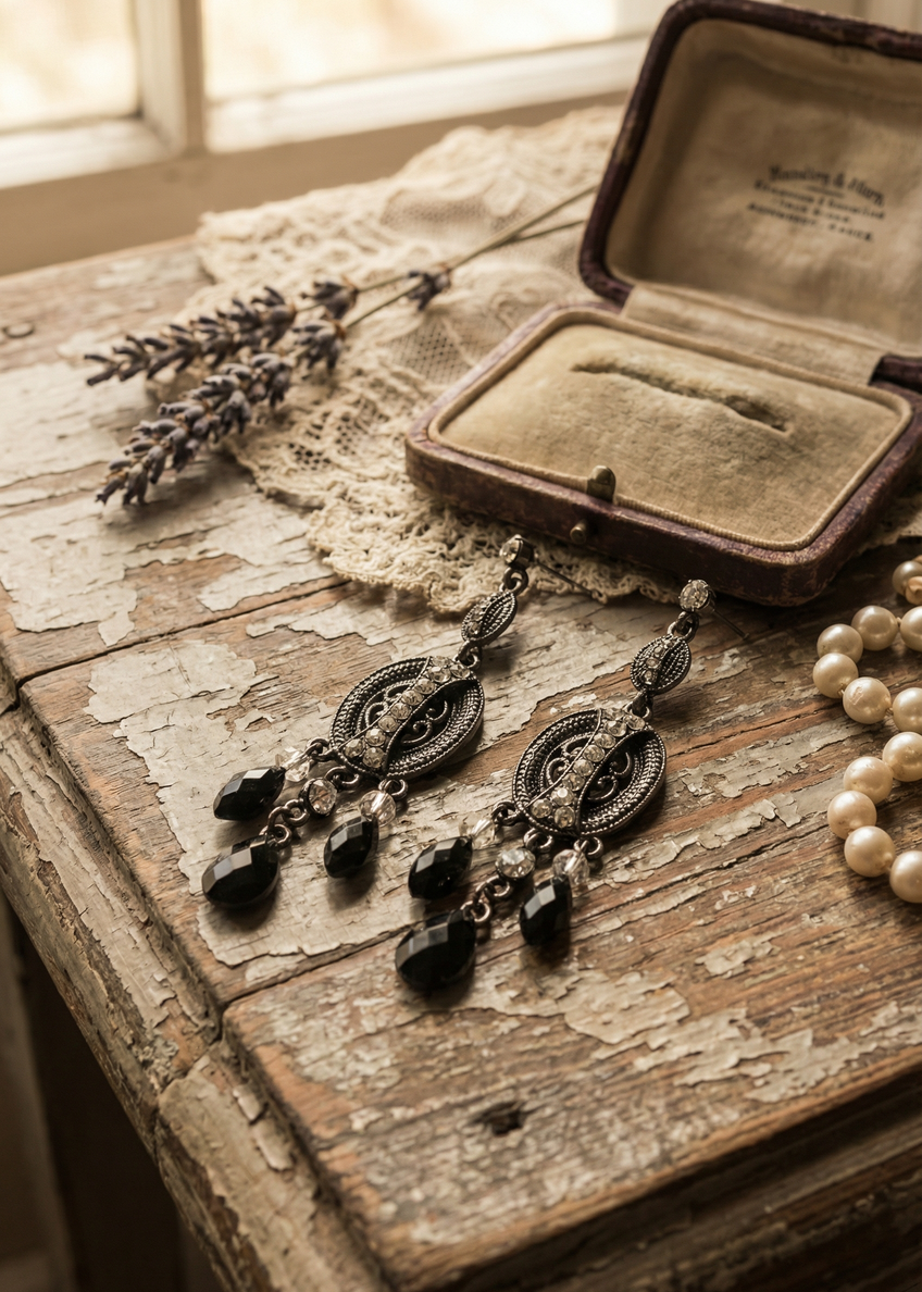 Paar Vintage Gothic Ohrhänger mit schwarzen Tropfen auf rustikalem Holztisch neben Schmuckbox und Perlenkette.