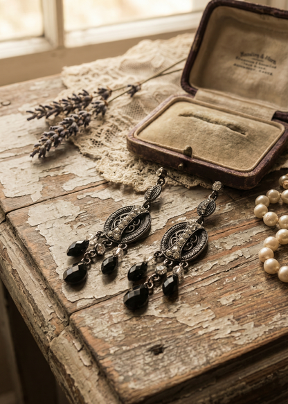 Paar Vintage Gothic Ohrhänger mit schwarzen Tropfen auf rustikalem Holztisch neben Schmuckbox und Perlenkette.