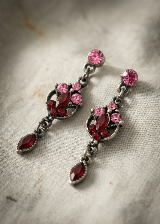 Vintage Ohrhänger in Antik-Silber mit pinken und roten Strasssteinen auf hellem Stoffhintergrund.