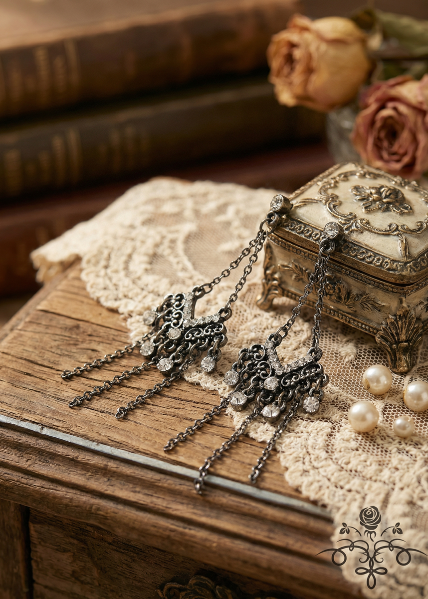 Zwei antikfarbene Vintage-Ohrringe mit filigranen Ornamenten, Strass und langen Kettenfransen liegen auf einem Holztisch neben einer verzierten Schmuckdose und Perlen.