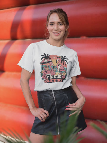 Flamin Summer Retro Flamingos at the beach - T-Shirt