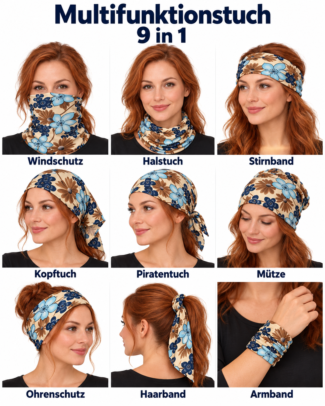 Retro Flower Loop - 9in1 Multifunktionstuch mit Blumenmuster