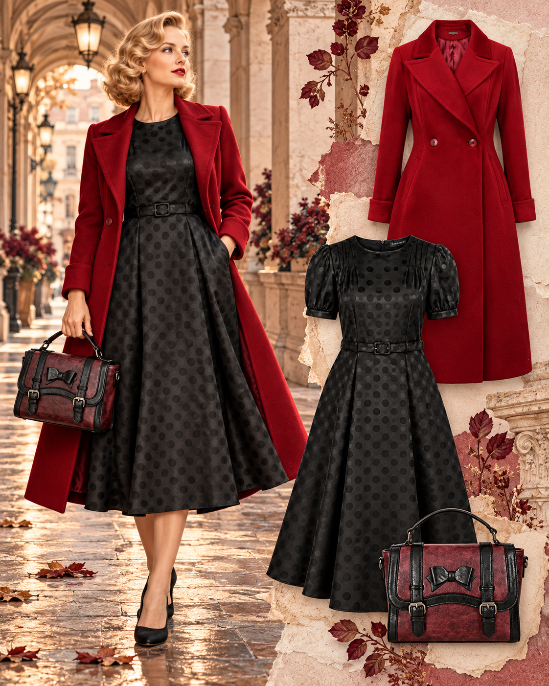 Model mit Abigail-Mantel und Black-Iris-Kleid; daneben Mantel, Kleid und burgundfarbene Tasche