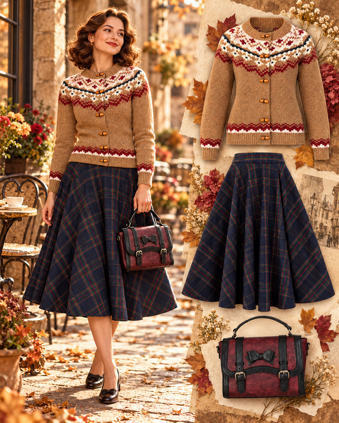 Model mit Winnie-Cardigan und Navy-Karorock; daneben Cardigan, Rock und Vintage-Voyager-Tasche als Herbst-Collage