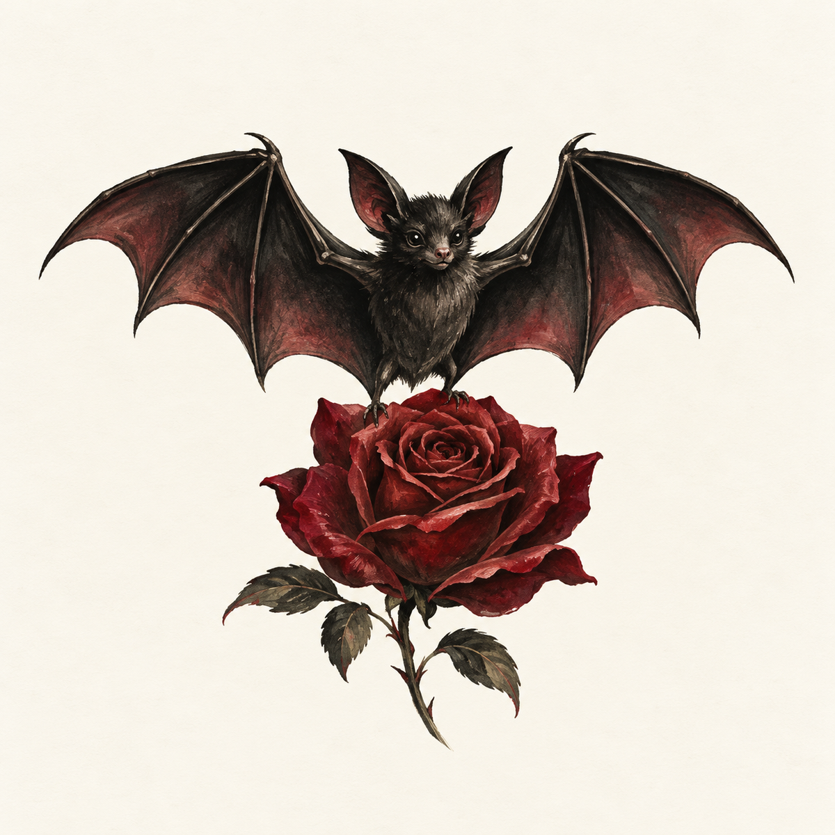 Illustration einer Fledermaus mit roter Rose