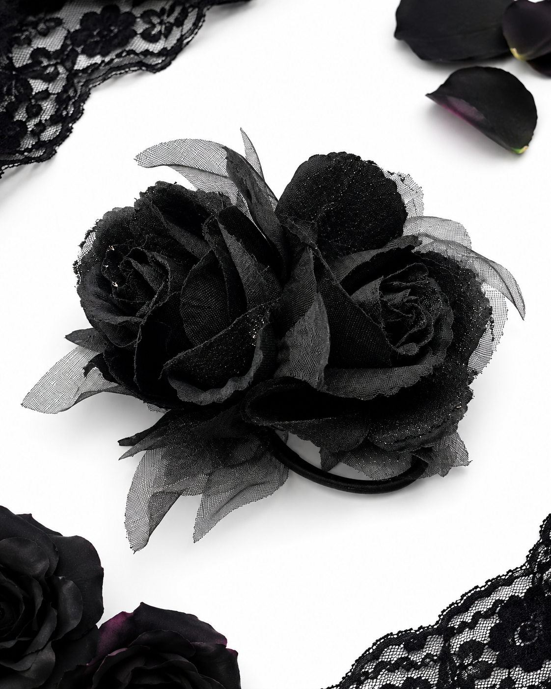 Black Rose Haarclip mit schwarzen Rosen und Tüll