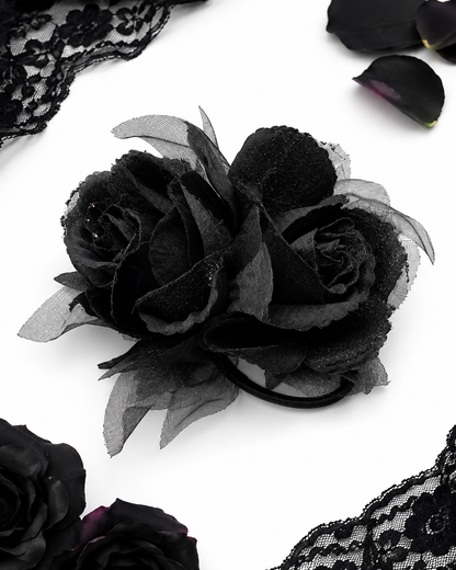 Black Rose Haarclip mit schwarzen Rosen und Tüll