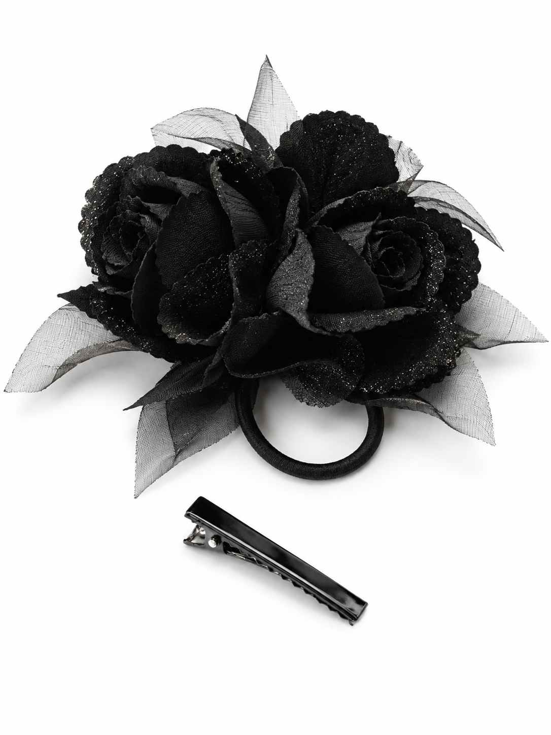 Black Rose Haarclip mit schwarzen Rosen und Tüll