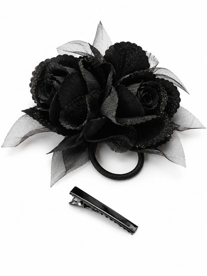 Black Rose Haarclip mit schwarzen Rosen und Tüll