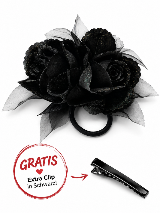 Black Rose Haarclip mit schwarzen Rosen und Tüll