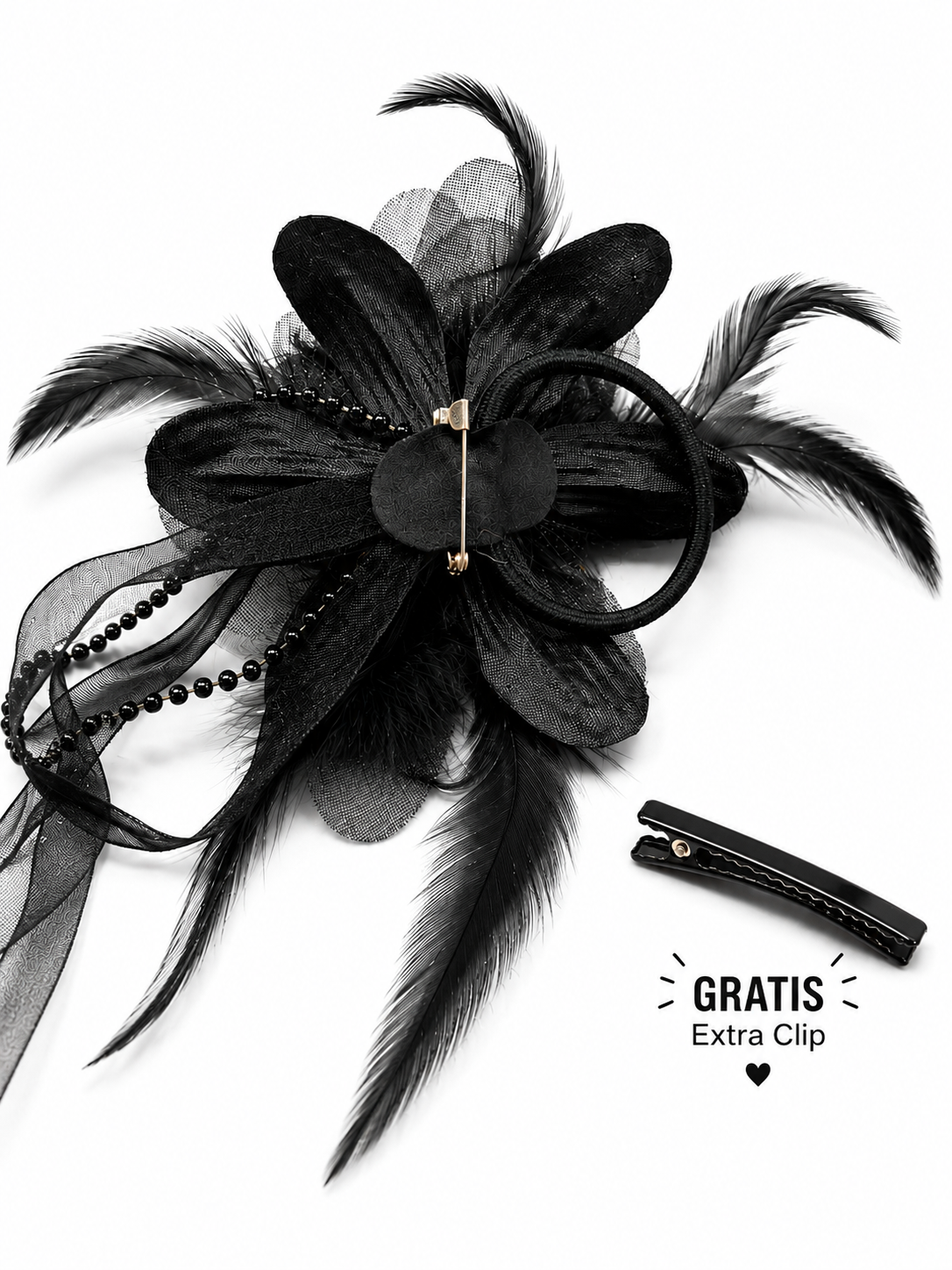 Black Flower Haarclip mit Perlen
