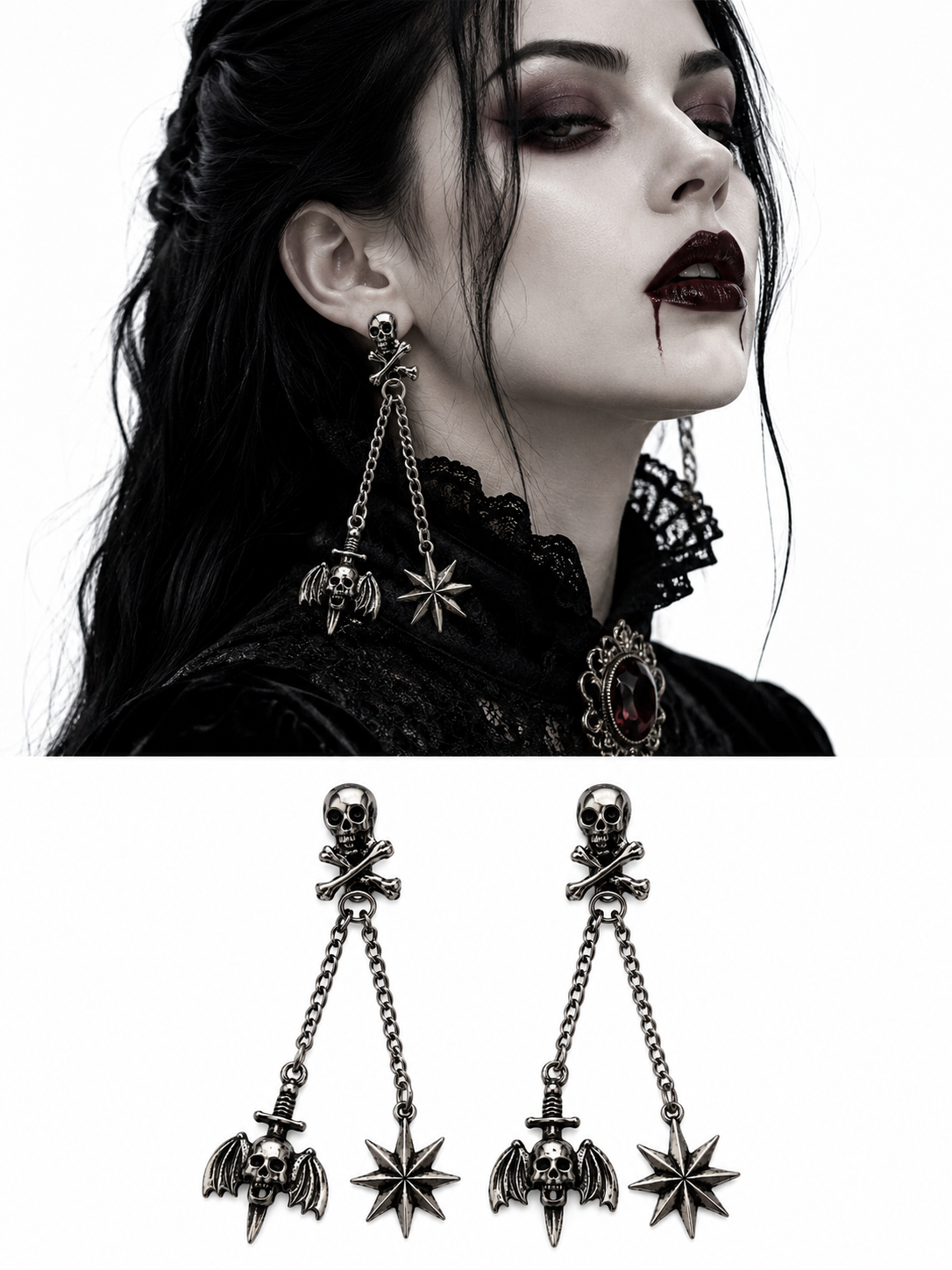 Ohrringe Skulls & Stars - lange Gothic Ohrhänger